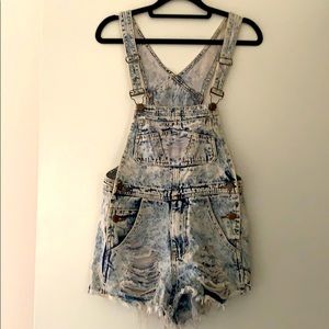 Denim distressed overall shorts